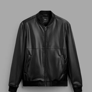 Zara Black Bomber Jacket Leather Stand-Up Collar